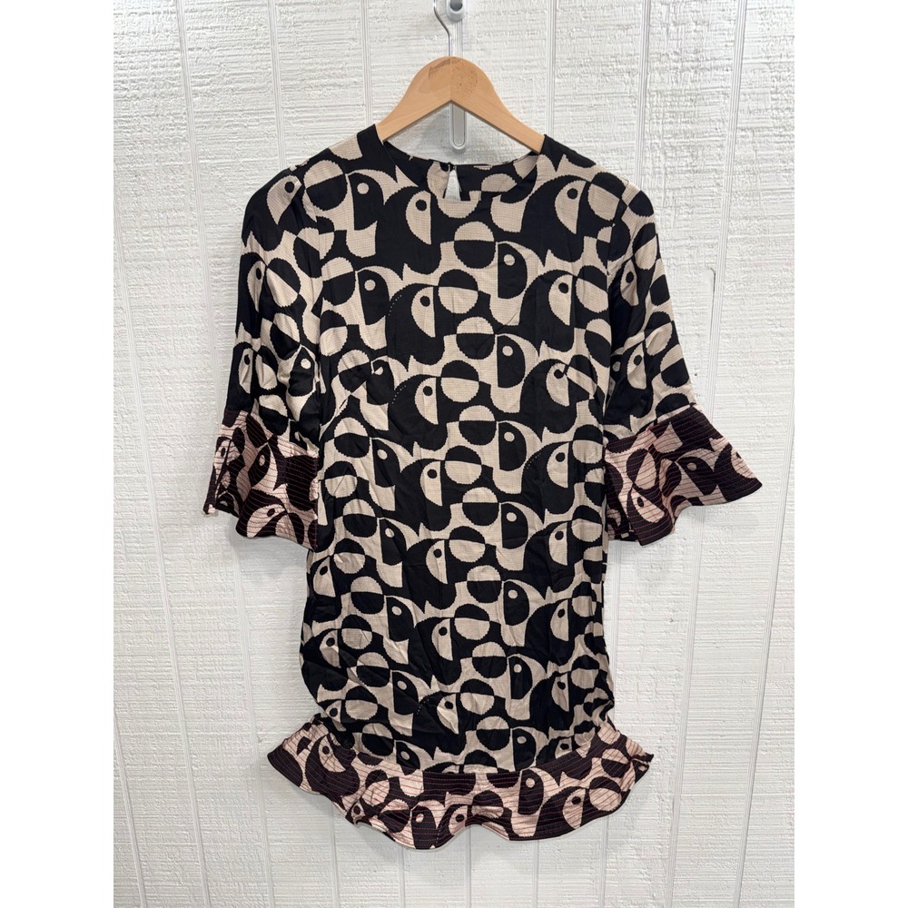 Farm Rio Mini Dress Women Black Cream Geometric Ruffle XS